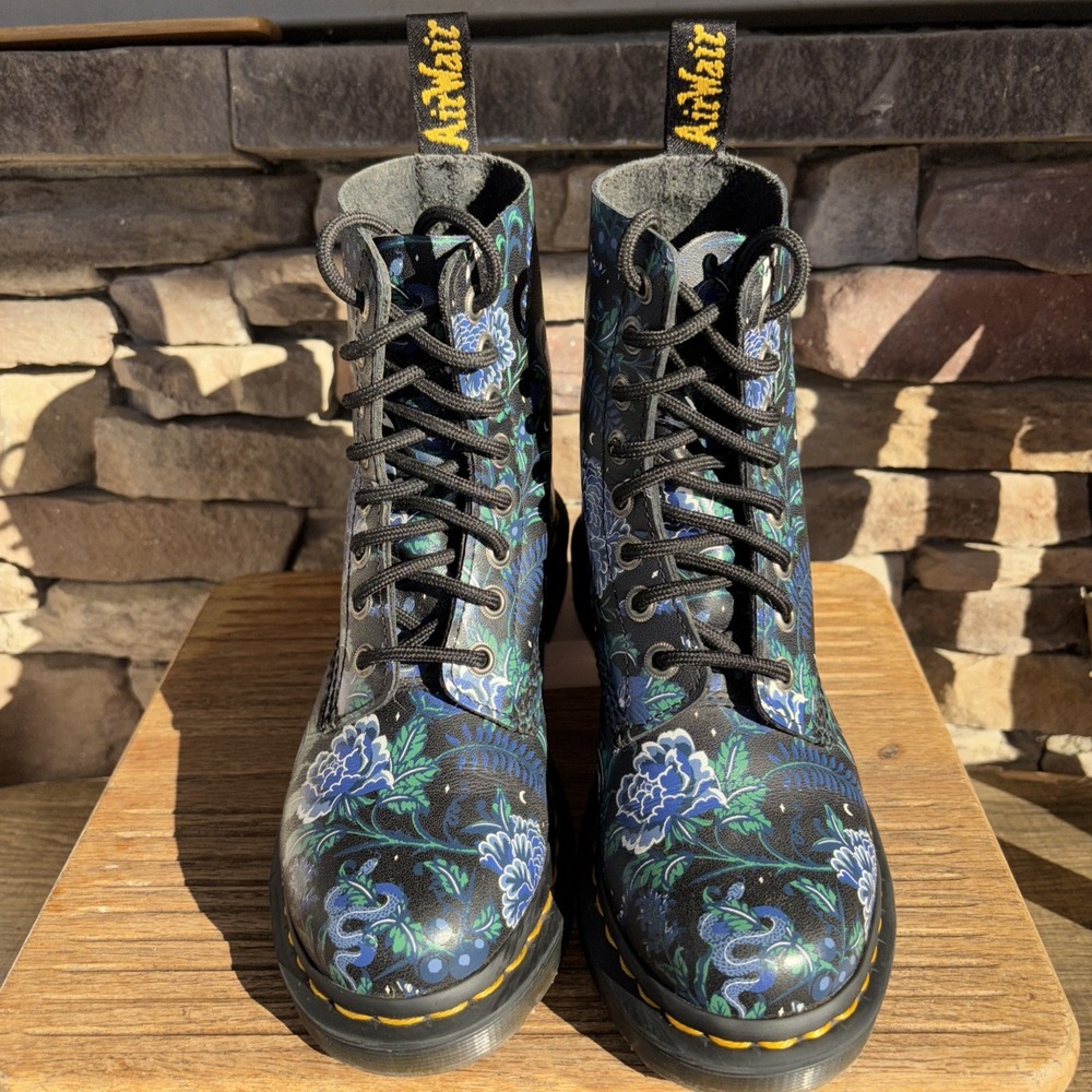 Dr. Martens Women's 1460 Pascal Combat Boots Black Blue Floral Size 5 EUC